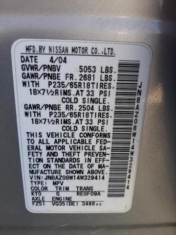 Photo 10 from auction – 2004 NISSAN MURANO SL with VIN JN8AZ08W14W329414