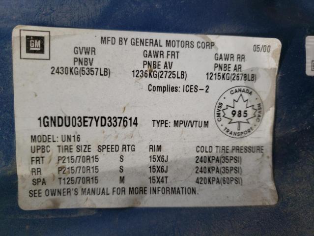 Photo 10 from auction – 2000 CHEVROLET VENTURE with VIN 1GNDU03E7YD337614