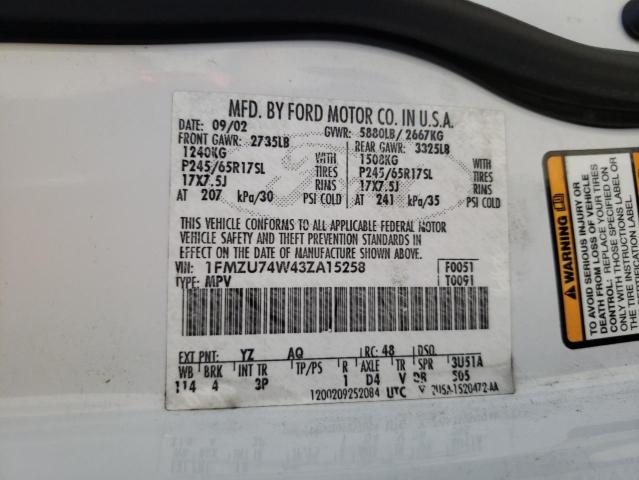 Photo 10 from auction – 2003 FORD EXPLORER E with VIN 1FMZU74W43ZA15258