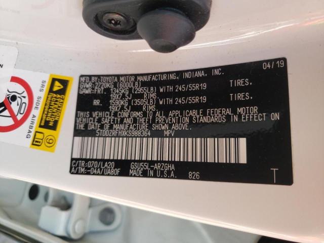Photo 10 from auction – 2019 TOYOTA HIGHLANDER with VIN 5TDDZRFHXKS988364