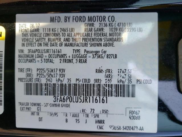 Photo 10 from auction – 2018 FORD FUSION SE with VIN 3FA6P0LU5JR116161