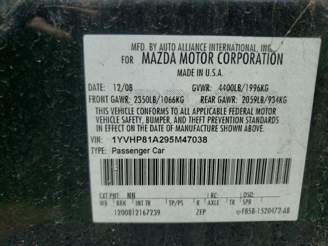 Photo 10 from auction – 2009 MAZDA 6 I with VIN 1YVHP81A295M47038