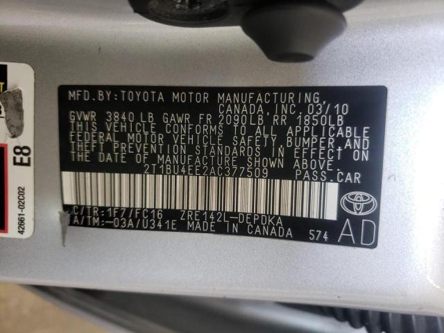 Photo 10 from auction – 2010 TOYOTA COROLLA BA with VIN 2T1BU4EE2AC377509