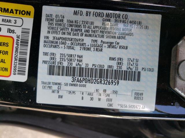 Photo 10 from auction – 2016 FORD FUSION SE with VIN 3FA6P0HD2GR326959