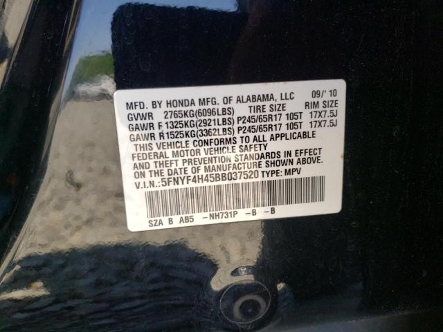 Photo 10 from auction – 2011 HONDA PILOT EX with VIN 5FNYF4H45BB037520