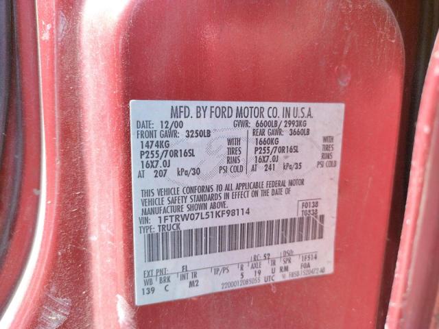 Photo 10 from auction – 2001 FORD F150 SUPER with VIN 1FTRW07L51KF98114