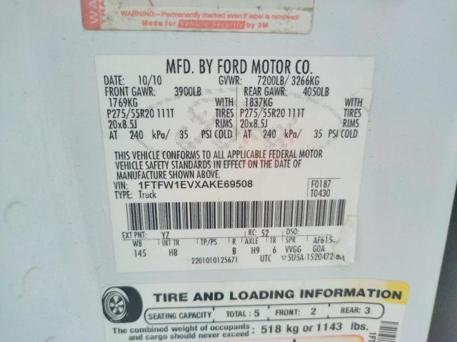 Photo 10 from auction – 2010 FORD F150 SUPER with VIN 1FTFW1EVXAKE69508