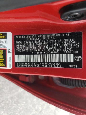 Photo 10 from auction – 2012 TOYOTA CAMRY BASE with VIN 4T1BF1FK6CU586380