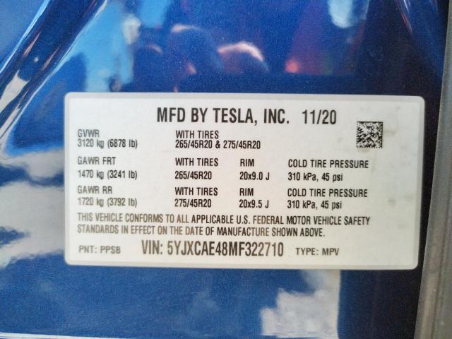 Photo 10 from auction – 2021 TESLA MODEL X with VIN 5YJXCAE48MF322710