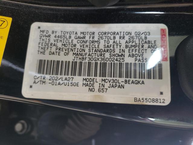 Photo 10 from auction – 2003 LEXUS ES 300 with VIN JTHBF30GX36002425