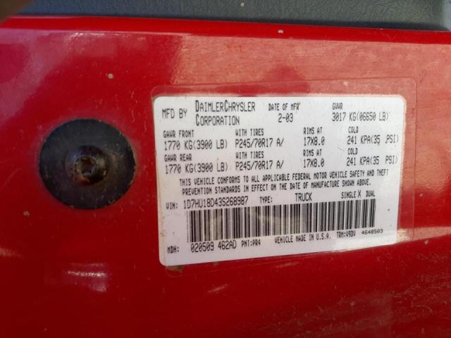 Photo 10 from auction – 2003 DODGE RAM 1500 S with VIN 1D7HU18D43S268987