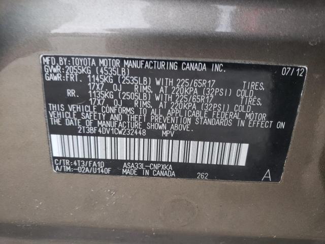 Photo 10 from auction – 2012 TOYOTA RAV4 with VIN 2T3BF4DV1CW232448