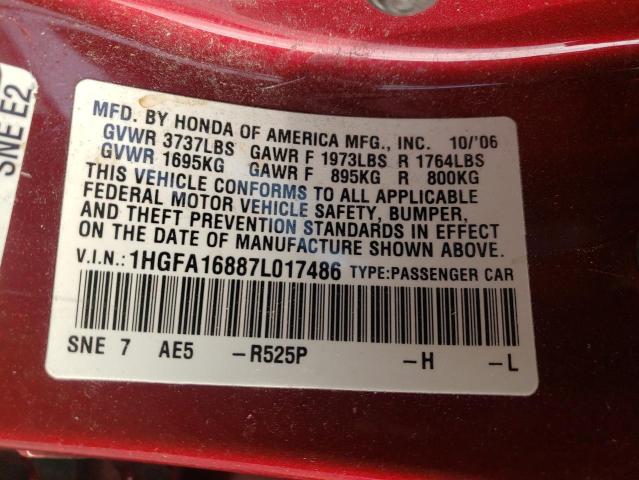 Photo 10 from auction – 2007 HONDA CIVIC EX with VIN 1HGFA16887L017486