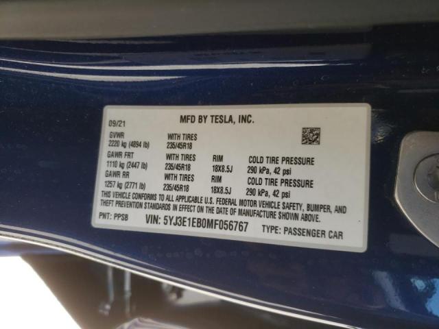 Photo 10 from auction – 2021 TESLA MODEL 3 with VIN 5YJ3E1EB0MF056767