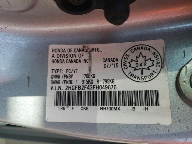 Photo 10 from auction – 2015 HONDA CIVIC LX with VIN 2HGFB2F43FH049676