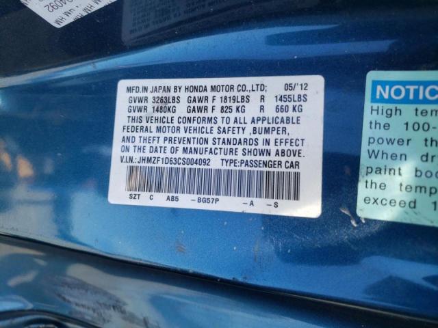 Photo 10 from auction – 2012 HONDA CR-Z EX with VIN JHMZF1D63CS004092