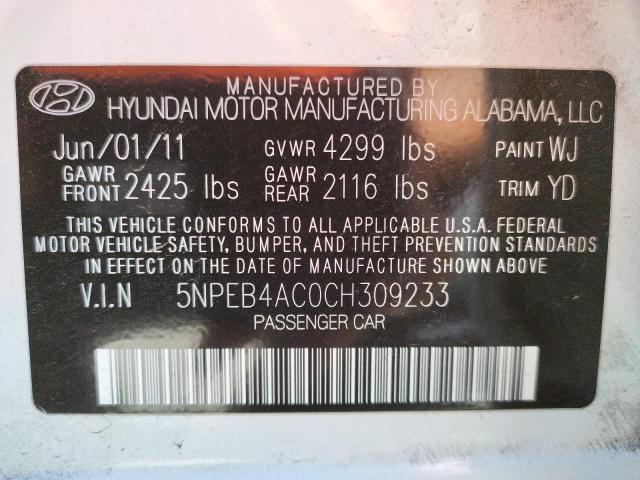 Photo 10 from auction – 2012 HYUNDAI SONATA GLS with VIN 5NPEB4AC0CH309233