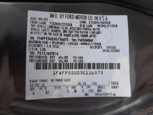 Photo 10 from auction – 2003 FORD TAURUS SES with VIN 1FAFP55U03G116573