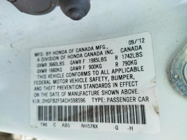 Photo 10 from auction – 2012 HONDA CIVIC LX with VIN 2HGFB2F54CH598596