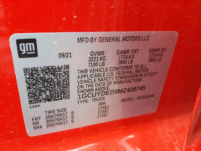 Photo 10 from auction – 2021 CHEVROLET SILVERADO with VIN 1GCUYDED9MZ428745