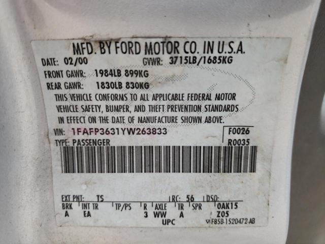 Photo 10 from auction – 2000 FORD FOCUS SE with VIN 1FAFP3631YW263833