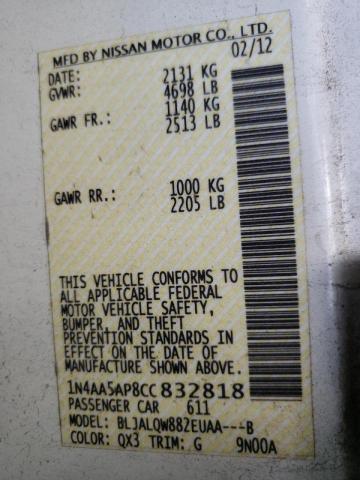 Photo 10 from auction – 2012 NISSAN MAXIMA S with VIN 1N4AA5AP8CC832818