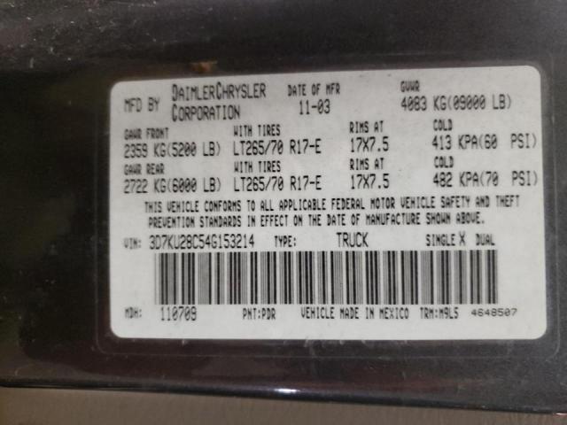 Photo 10 from auction – 2004 DODGE RAM 2500 S with VIN 3D7KU28C54G153214