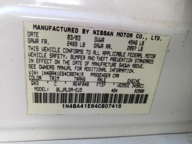 Photo 10 from auction – 2004 NISSAN MAXIMA SE with VIN 1N4BA41E64C807415