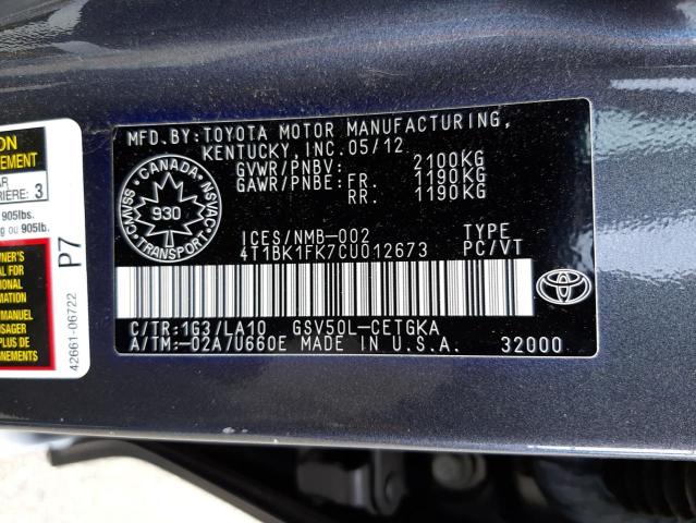Photo 10 from auction – 2012 TOYOTA CAMRY SE with VIN 4T1BK1FK7CU012673