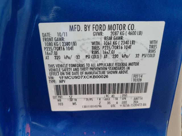 Photo 10 from auction – 2012 FORD ESCAPE XLT with VIN 1FMCU9D7XCKB00026
