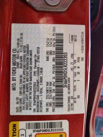Photo 10 from auction – 2020 FORD FUSION SE with VIN 3FA6P0HD5LR222203