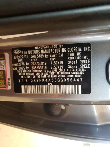 Photo 10 from auction – 2016 KIA SORENTO SX with VIN 5XYPK4A53GG056447