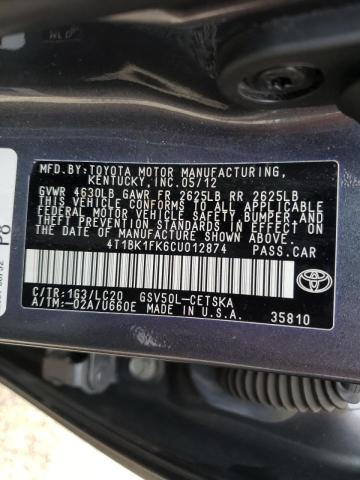 Photo 10 from auction – 2012 TOYOTA CAMRY SE with VIN 4T1BK1FK6CU012874