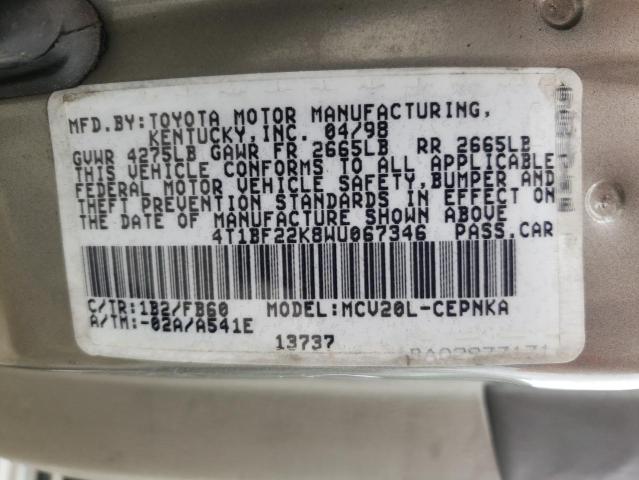 Photo 10 from auction – 1998 TOYOTA CAMRY CE with VIN 4T1BF22K8WU067346