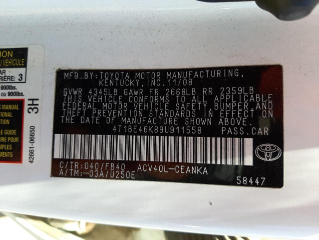 Photo 10 from auction – 2009 TOYOTA CAMRY BASE with VIN 4T1BE46K89U911558