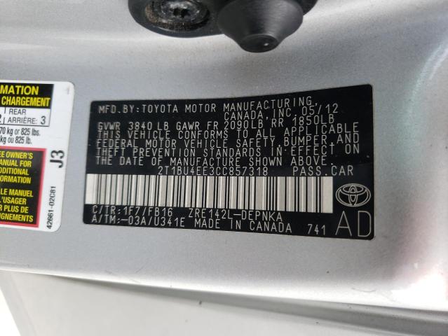 Photo 10 from auction – 2012 TOYOTA COROLLA BA with VIN 2T1BU4EE3CC857318