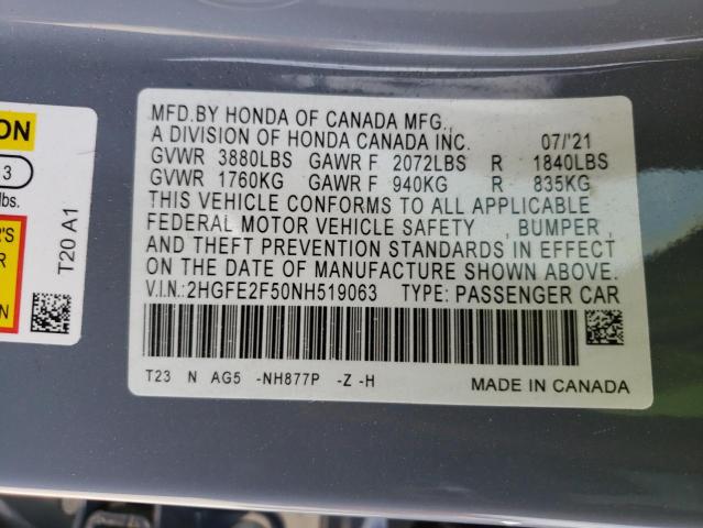 Photo 10 from auction – 2022 HONDA CIVIC with VIN 2HGFE2F50NH519063