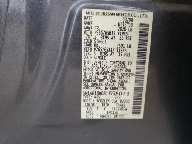 Photo 10 from auction – 2008 NISSAN PATHFINDER with VIN 5N1AR18B08C658073