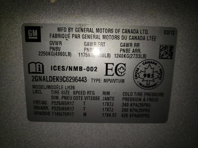 Photo 10 from auction – 2012 CHEVROLET EQUINOX LT with VIN 2GNALDEK9C6296443