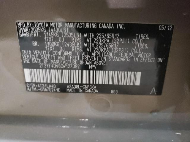 Photo 10 from auction – 2012 TOYOTA RAV4 LIMIT with VIN 2T3YF4DV8CW127092