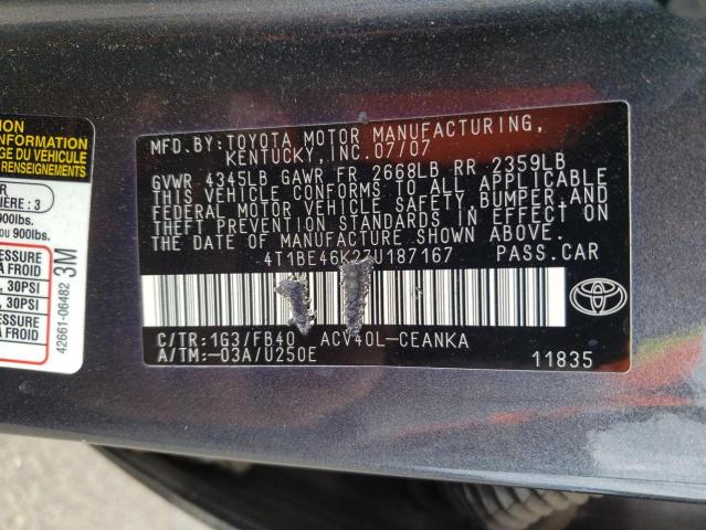 Photo 10 from auction – 2007 TOYOTA CAMRY with VIN 4T1BE46K27U187167