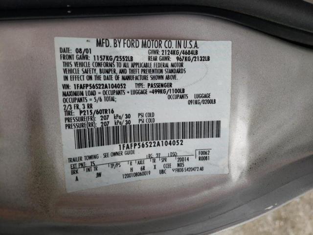 Photo 10 from auction – 2002 FORD TAURUS SEL with VIN 1FAFP56S22A104052