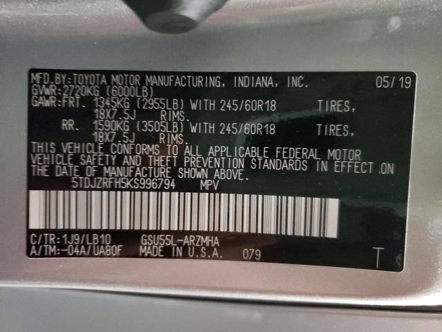Photo 10 from auction – 2019 TOYOTA HIGHLANDER with VIN 5TDJZRFH5KS996794