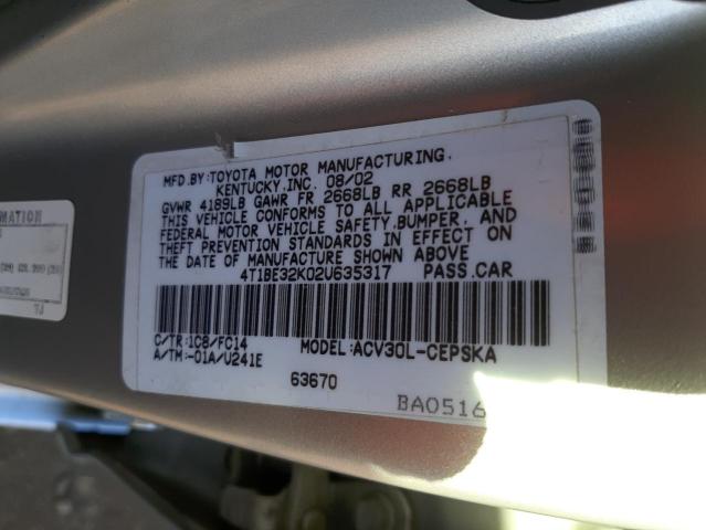 Photo 10 from auction – 2002 TOYOTA CAMRY LE with VIN 4T1BE32K02U635317