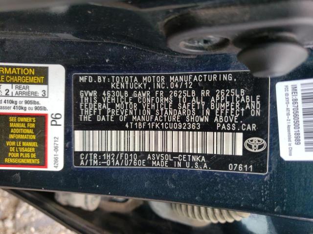 Photo 10 from auction – 2012 TOYOTA CAMRY BASE with VIN 4T1BF1FK1CU092363