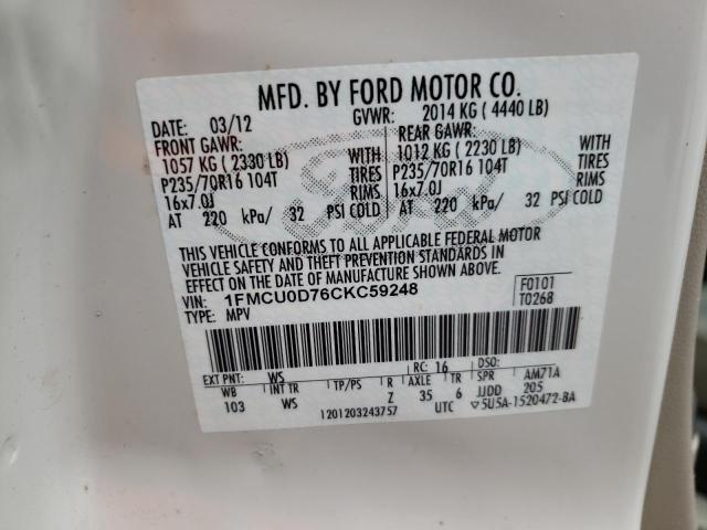 Photo 10 from auction – 2012 FORD ESCAPE XLT with VIN 1FMCU0D76CKC59248