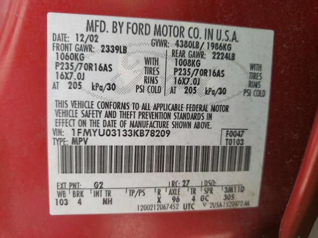 Photo 10 from auction – 2003 FORD ESCAPE XLT with VIN 1FMYU03133KB78209