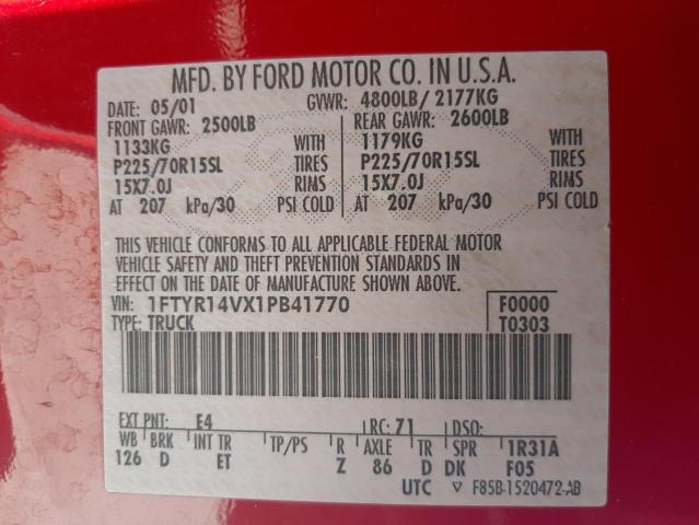 Photo 10 from auction – 2001 FORD RANGER SUP with VIN 1FTYR14VX1PB41770
