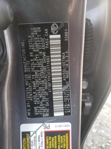 Photo 10 from auction – 2012 TOYOTA CAMRY BASE with VIN 4T1BF1FK3CU111883
