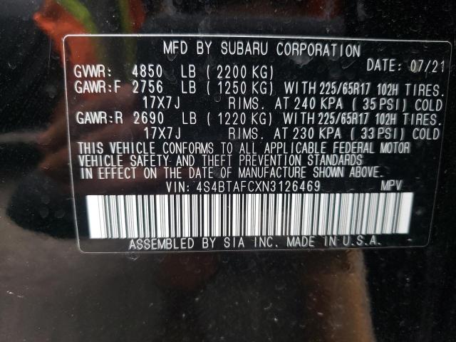 Photo 10 from auction – 2022 SUBARU OUTBACK PR with VIN 4S4BTAFCXN3126469